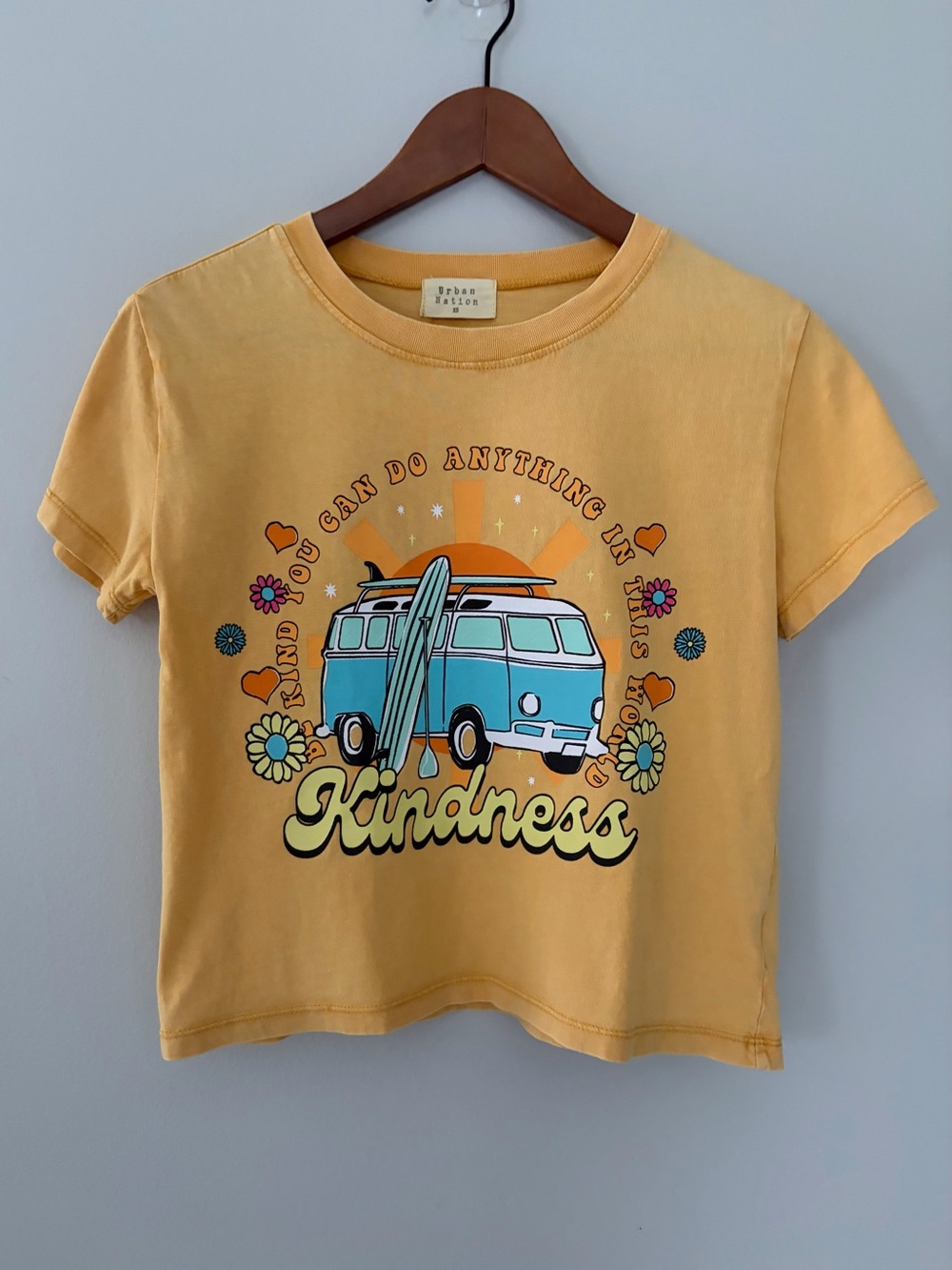 Urban Nation Yellow Cotton T-Shirt Kindness Graphics Beach Hippie Surfboard, XS